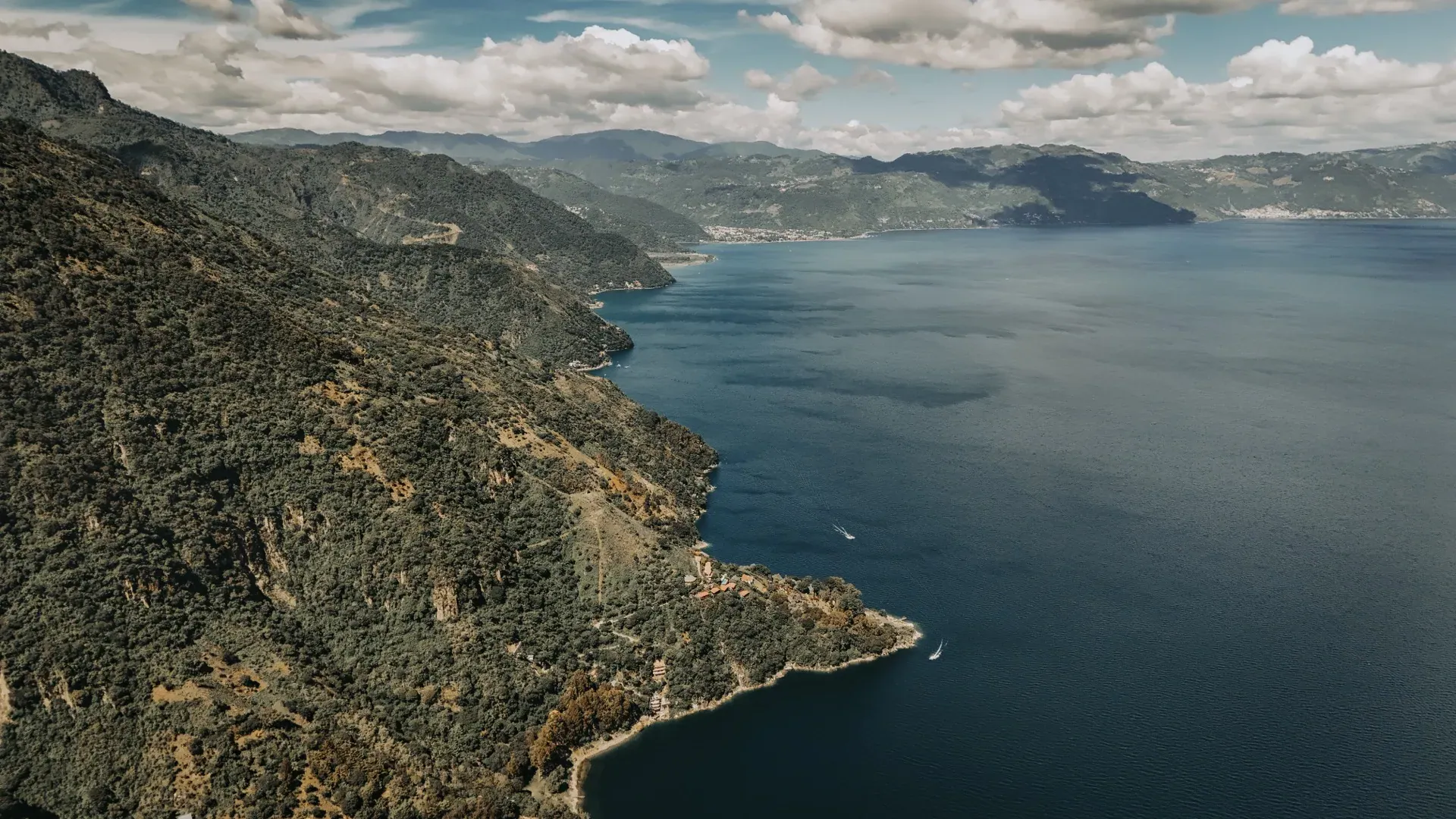 Aerial drone view over Lake Atitlán