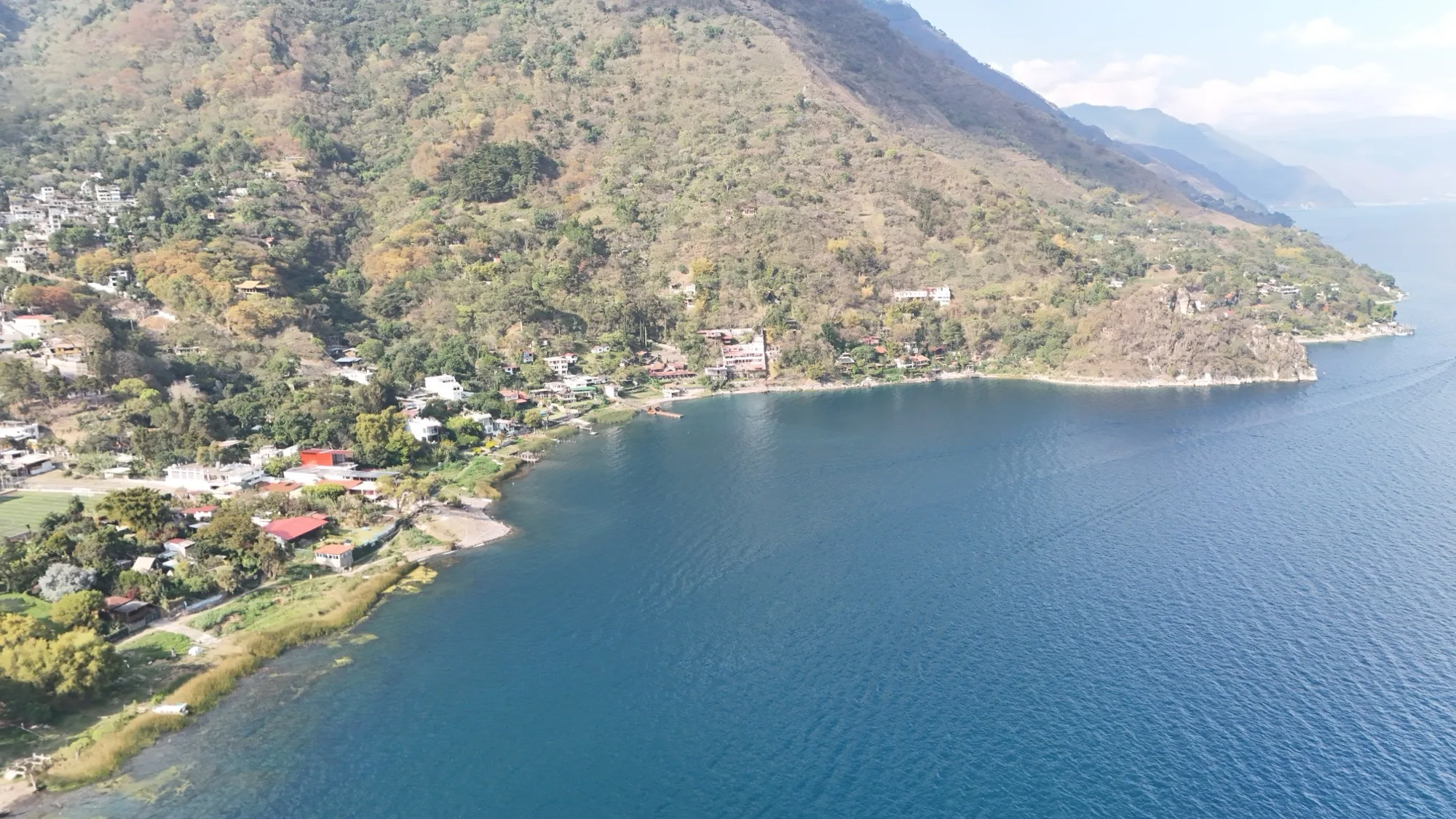 The San Marcos La Laguna waterfront — the village's short, largely developed stretch of Lake Atitlán shoreline